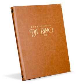 Porta menu personalizzato Kensington in similpelle color cuoio con angolari dorati e logo in lamina oro