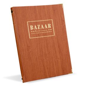 Orchard wood effect menu cover in warm chestnut brown with gold corners and gold foil blocked logo