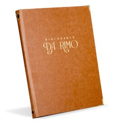 Porta menu personalizzato Kensington in similpelle color cuoio con angolari dorati e logo in lamina oro